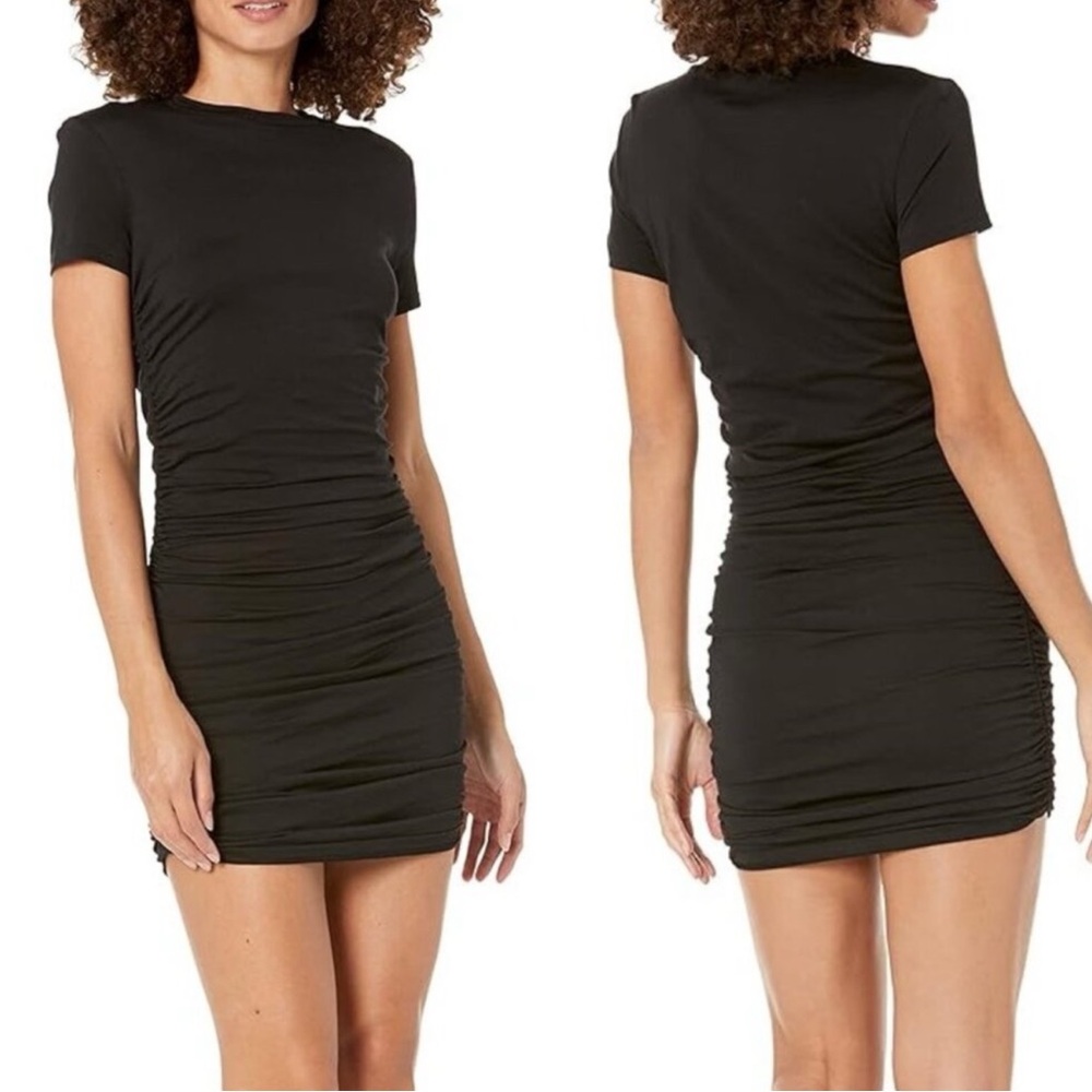 THEORY Apex Tiny Ruched Short Sleeve Cotton Black Mini Dress